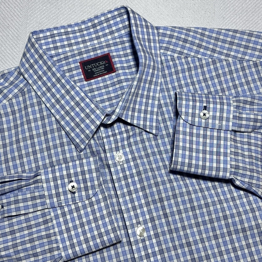 UNTUCKit‎ Durif Button Up Shirt Mens 2XL Navy White Check Plaid Wrinkle Free